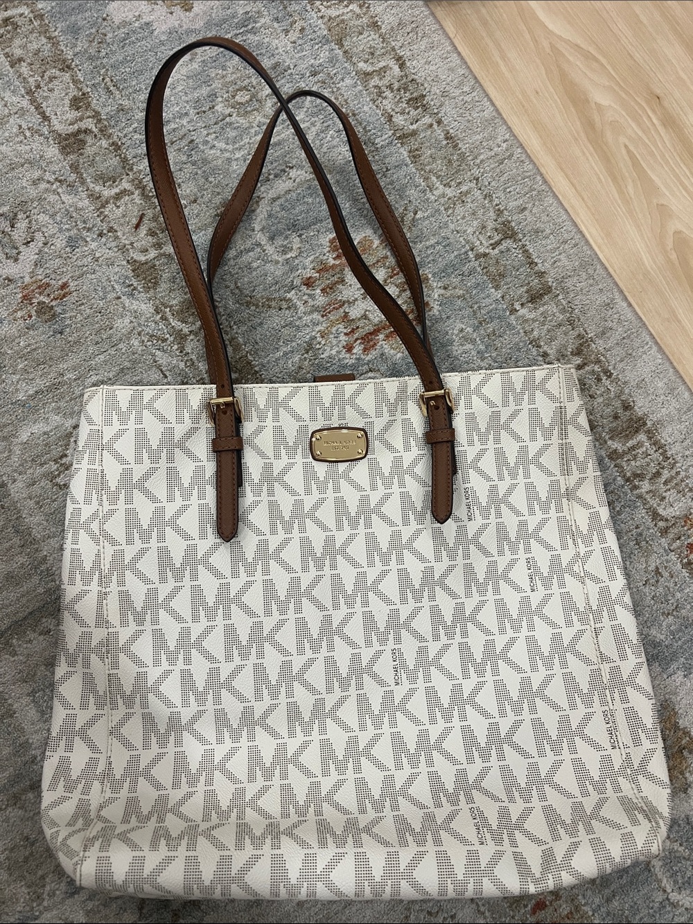 Michael Kors Cream/White MK Logo Tote with Brown Straps